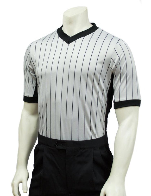 Smitty Grey Elite Performance Interlock V-Neck Shirt w/Black Pinstripe and Side Panel - Stripes Plus